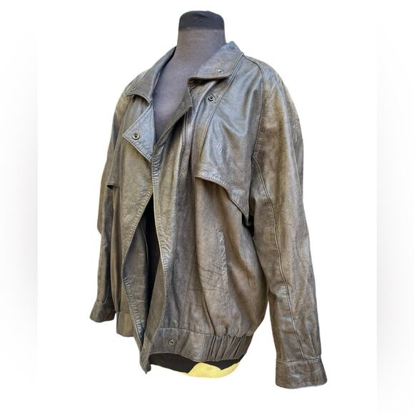 Vtg 90s Express Brown Distressed Oversized Grunge Moto Bomber Leather Coat L - Picture 3 of 10